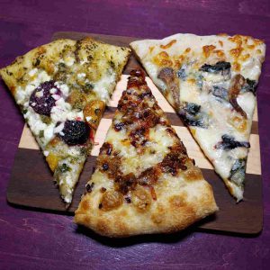 Root to Leaf! Beet Pizza 3 Ways: 1) Beet root with mint and feta, 2) Beet stem with Italian sausage and 3) Beet greens with mushrooms and bleu cheese