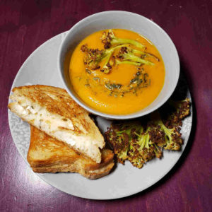 Butternut Squash Soup with Roasted Cauliflower and Grilled Cheese