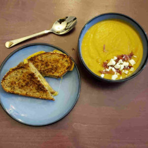 Cream of Candy Roaster Soup with Grilled Cheese