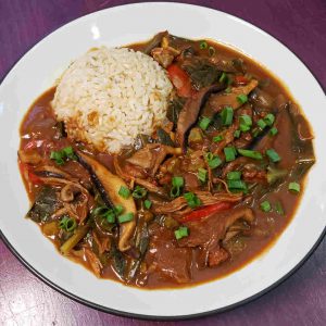 Gumbo with Duck Confit, Mixed Mushrooms, Greens and Sweet Red Pepper