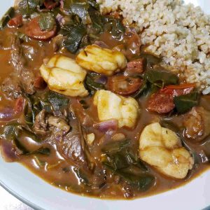 Gumbo with Monkfish, Cabbage, Collard Greens and Brussels Sprout Tops