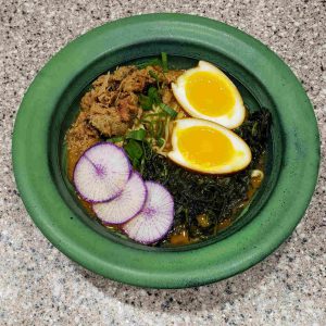 Miso Ramen with Soy Duck Egg, Daikon, Mustard Greens, Green Onions and Smoked Pork