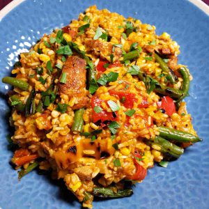 Paella with Chicken, Green Beans, Sweet Red Peppers and Corn