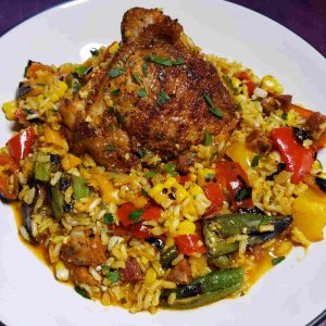 Paella with Chicken, Okra, Corn, and Sweet Peppers