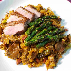Paella with Seared Duck Breast, Asparagus and Oyster Mushrooms