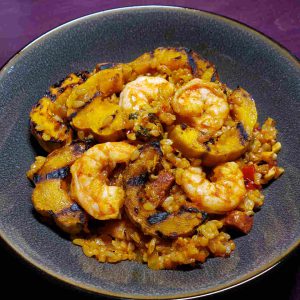 Paella with Shrimp, Delicata Squash, and Sweet Peppers