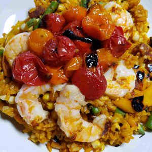 Paella with Shrimp, Green Beans, Corn and Roasted Tomatoes