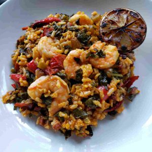 Paella with Shrimp, Red Peppers, and Kale