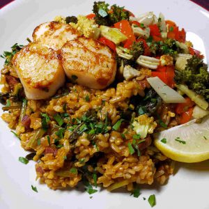 Paella with Scallops, Spigariello, and a Hash of Fennel, Cauliflower, Broccoli and Sweet Peppers
