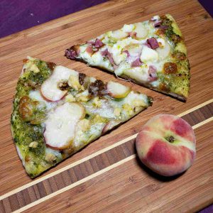 July in the Carolinas! Peach Pizza Two Ways: 1) Prosciutto and Goat Cheese, 2) Italian Sausage and Bleu Cheese