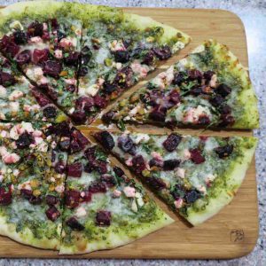 Beet Pizza with Arugula Pesto, Pistachios and Goat Cheese