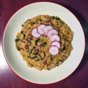 Purple Turnip Risotto with Greens and Funky Danziger Cheese