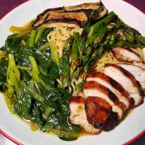 Ramen with Chicken, Asparagus, Shiitake Mushrooms and Tatsoi