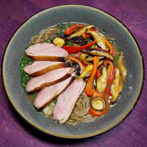 Ramen with Seared Duck Breast, Shiitake Mushrooms, Boc Choy and Sweet Red Peppers