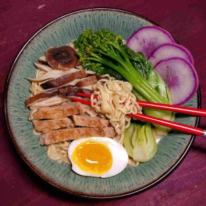 Ramen with Pork, Shiitake Mushrooms, Boc Choy, Broccolini, Purple Daikon, and Soft Duck Egg