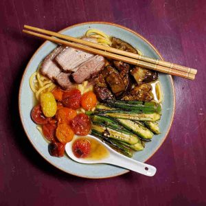 Ramen with Pork Chashu, Eggplant, Okra, and Tomato