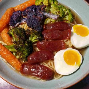 Ramen with Roasted Cauliflower, Broccoli and Carrot with Chinese Sausage and Soft Egg