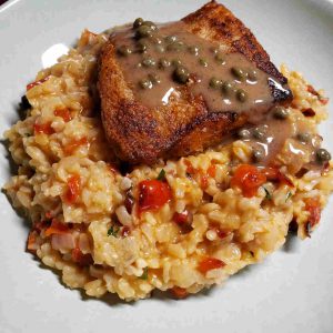 Caramelized Pimento Pepper Risotto with Pan Seared Flounder and Capers
