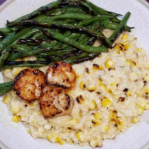 Fire Roasted Corn Risotto with Pan Seared Scallops and Grilled Green Beans