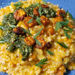 Roasted Carrot Risotto with Carrot Top Pesto and Crunchy Roasted Carrot Coins