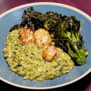 Stinging Nettle Risotto with Taleggio Cheese topped with Pan Seared Scallops and Roasted Broccoli