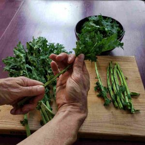 When preparing the kale, you can de-stem like a zip-lock slider. Separately, dice the stems and coarsely chop the leaves.