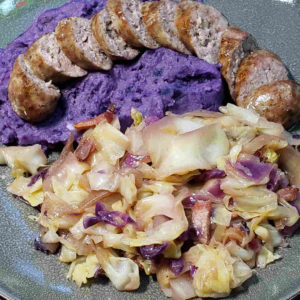 Bangers and Mash (Blackberry Potatoes), Braised Cabbage
