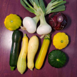 Zucchini, zephyr, yellow, golden zucchini and patty pan summer squash with market onions