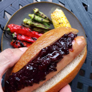 Blueberry chutney gourmet's up a hot dog!