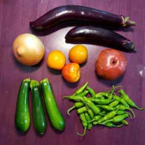 CSA 2021, Week 15 - Tomatoes, Zucchini, Shishito Peppers, Japanese Eggplant and a Yellow Onion
