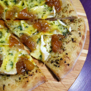 Pizza with Pesto, Brie and Peach Chutney