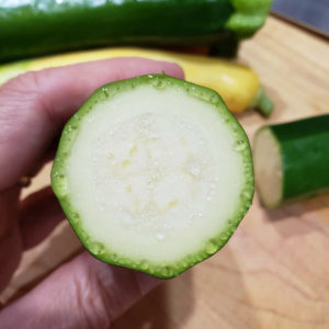 Water beading on freshly cut zucchini.