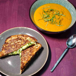 Melted Zucchini Grilled Cheese Sandwich paired with Fresh Tomato Cream of Tomato Soup!