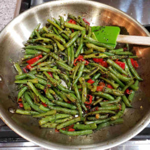 Pan Charred Green Beans with Sweet Peppers and Pesto