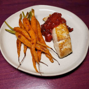 Pan Seared Almaco Jack with Peach Chutney and Ginger Roasted Carrots