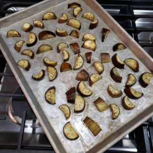 Remove from oven after 30-40 minutes. Eggplant should be feel soft when pressed.