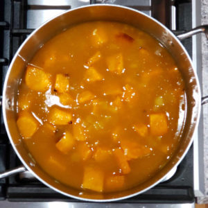 Add the squash to the pot and use enough stock to reach the surface. Simmer covered.