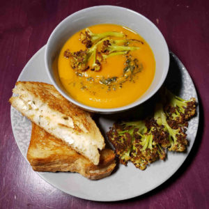 Cream of Candy Roaster Squash Soup, Roasted Cauliflower, rosemary infused olive oil, and grilled cheese!