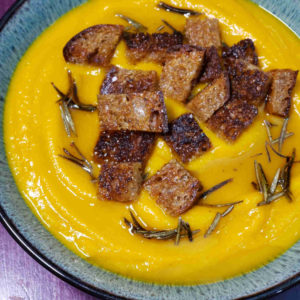 Cream of Kobucha Squash Soup, with house croutons and rosemary infused olive oil.