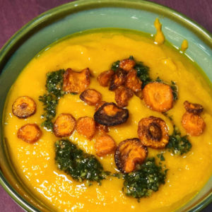 Roasted Carrot Soup with Carrot Top Pesto and Crispy Carrot Coins