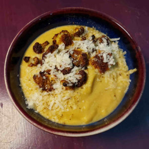 Cream of Roasted Cauliflower Soup with Tiny Crispy Florets and Parmigiano